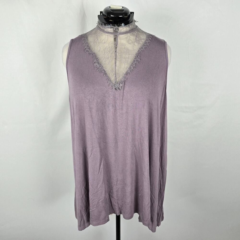 Paper + Tee Sleeveless Blouse Women's 2X Purple Lace V Neck Trim Ruffles Buttons